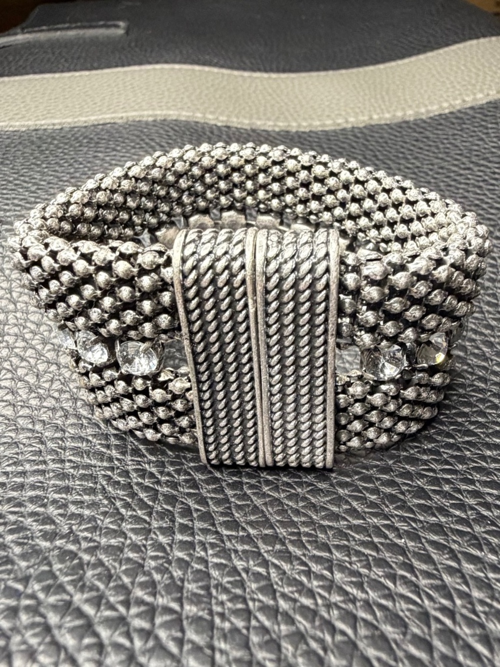 Vintage Wide Mesh Silver Tone Clear Crystal Bracelet w/Magnetic Clasp 7" x 1.25"